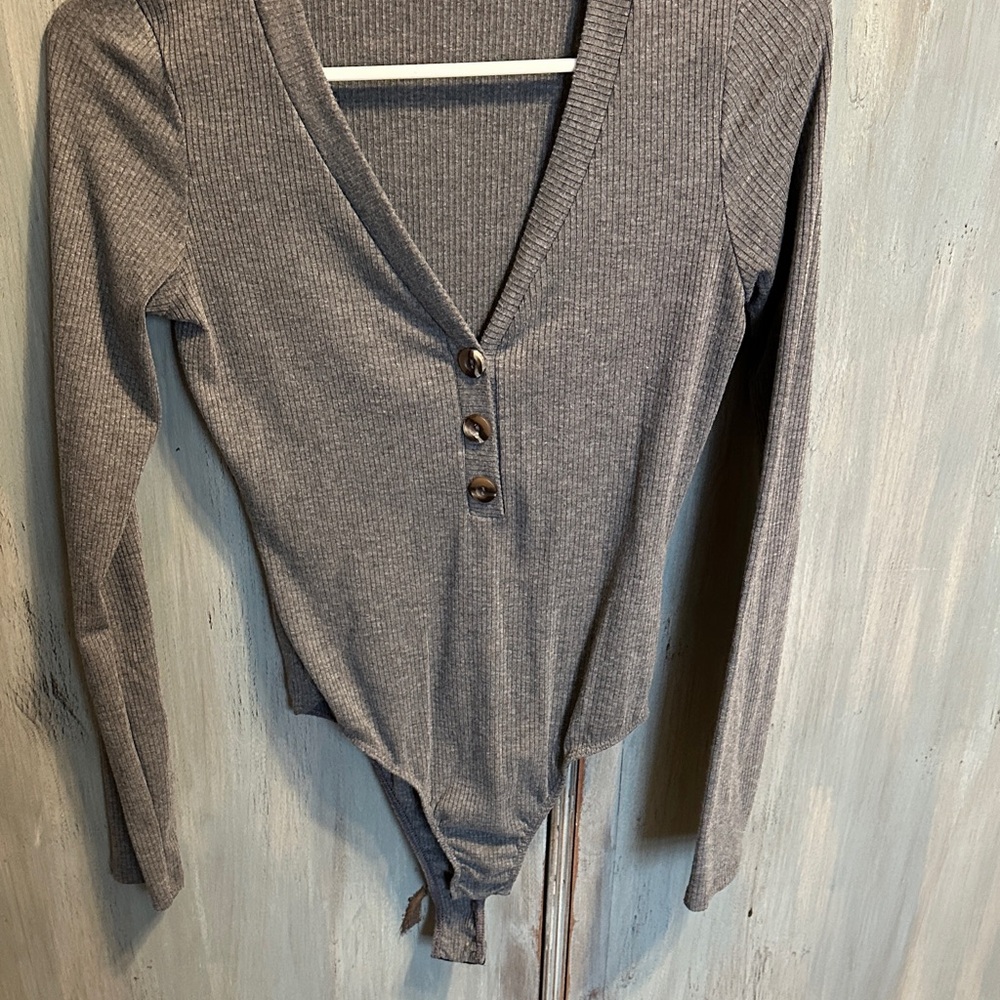 Pink Lily Gray Ribbed Bodysuit